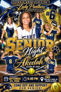 Southwest DeKalb Lady Panthers softball Senior Night poster honoring Akeelah, Class of 2027