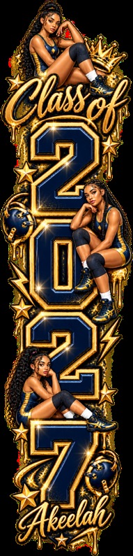 Tall Class of 2027 wrestling banner on black, with metallic gold and blue lettering running down the center, three photos of the athlete among the numbers and her name in gold script at the bottom