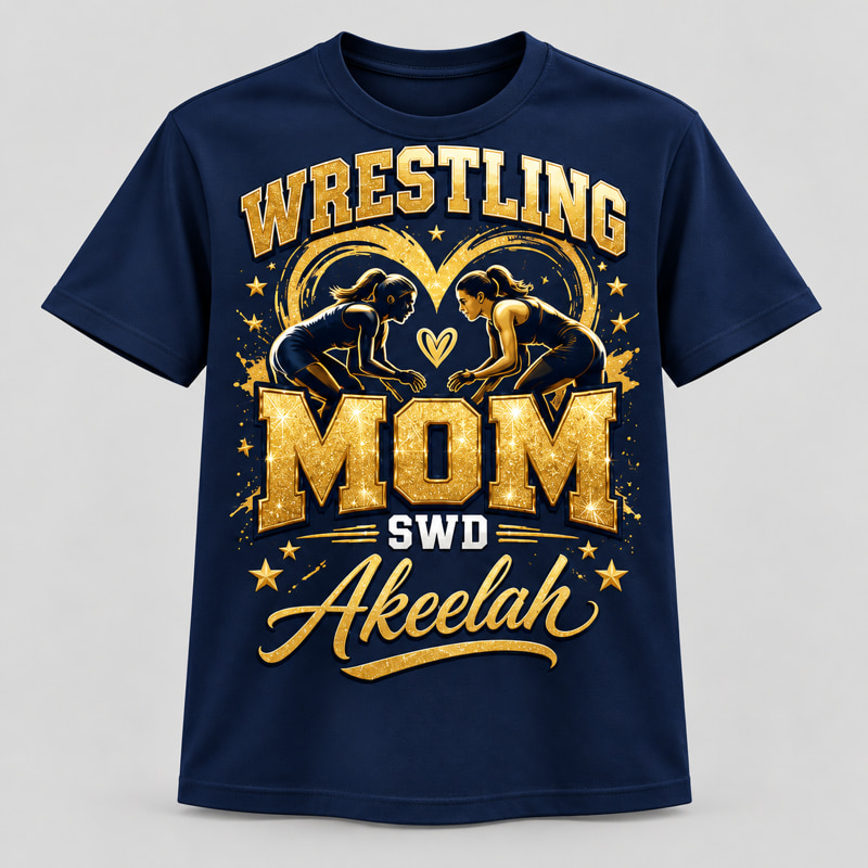 Navy t-shirt printed with a gold glitter WRESTLING MOM design, two wrestlers, SWD and the name Akeelah