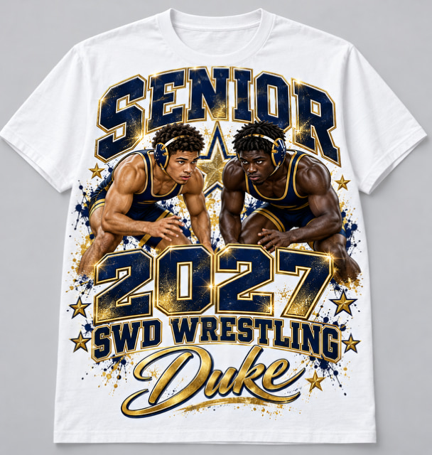 White t-shirt printed with a large navy and gold senior wrestling graphic — two wrestlers crouched in a stance, SENIOR, 2027, SWD Wrestling and the student’s name in script