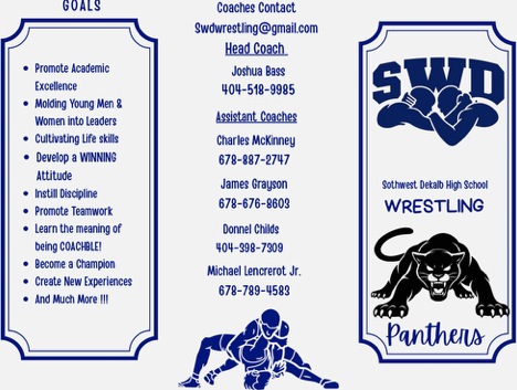 Tri-fold wrestling club brochure with goals and coach contacts
