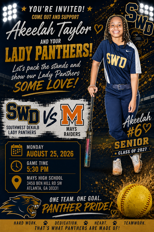 Southwest DeKalb Lady Panthers vs. Mays Raiders softball game flyer featuring Akeelah Taylor