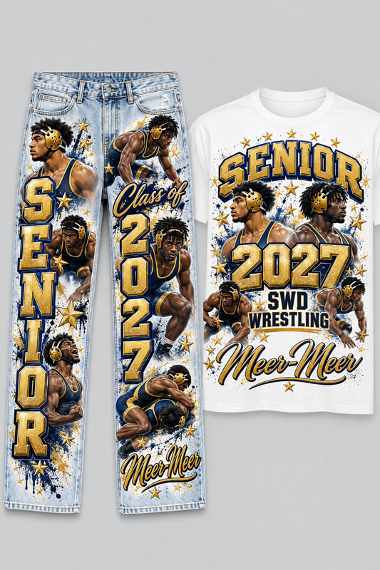 Light blue denim jeans and a white t-shirt shown together, both printed with a gold and navy senior wrestling design reading SENIOR, Class of 2027 and SWD Wrestling, with photos of the wrestler and his name