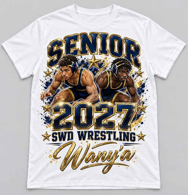 White t-shirt printed with a navy and gold senior wrestling graphic — two wrestlers, gold stars and navy splatter, with SENIOR, 2027, SWD Wrestling and the student’s name in script