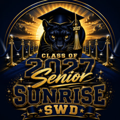 Circular senior sunrise badge with panther wearing a graduation cap