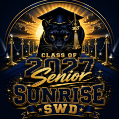 Circular senior sunrise badge with panther wearing a graduation cap