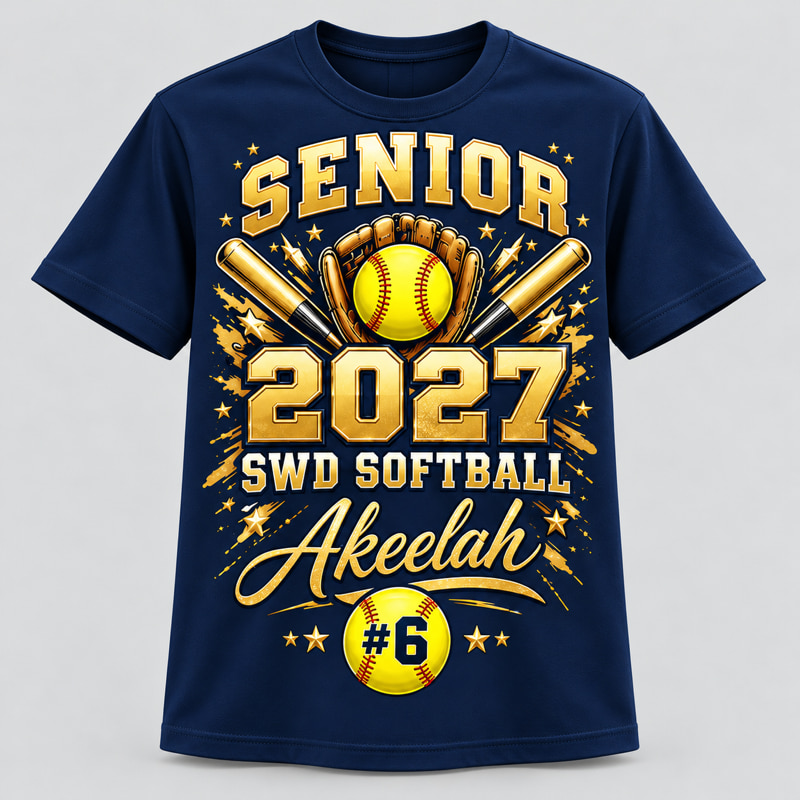Navy t-shirt printed with a metallic gold senior softball design — SENIOR, 2027, a softball in a glove with crossed bats, SWD Softball, the name Akeelah and #6
