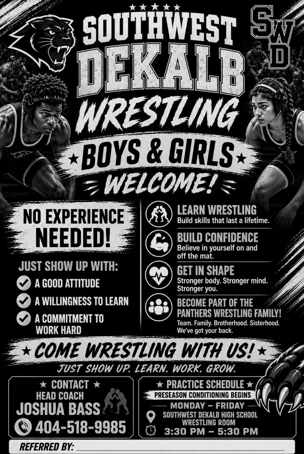 Classic black-and-white Southwest DeKalb wrestling recruitment poster