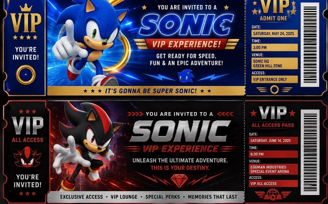 Sonic and Shadow themed VIP experience tickets