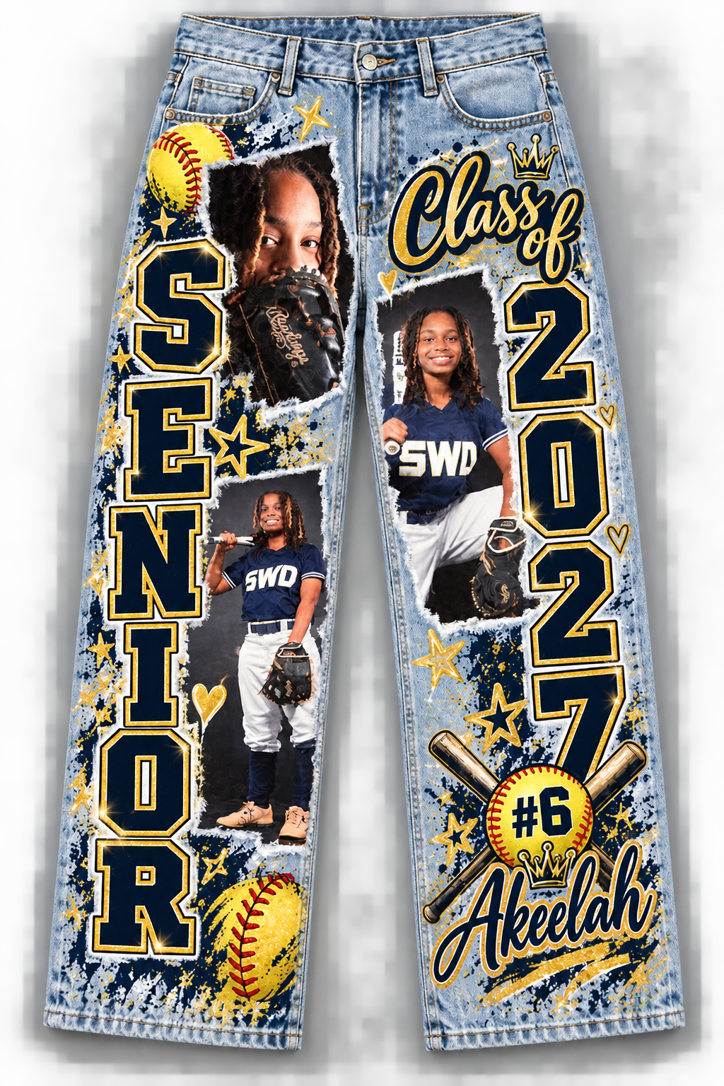 Custom printed light blue denim jeans reading SENIOR on one leg and Class of 2027, SWD, number 6 and Akeelah down the other, finished with gold and navy stars, softballs and splatter