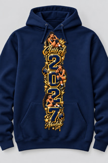 Navy hoodie with a tall Class Of 2027 Athletic graphic running down the front, framed by small basketball players in gold and blue