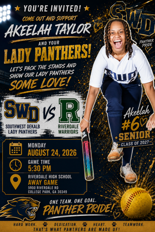 Lady Panthers vs. Riverdale Warriors celebration flyer with the player leaping