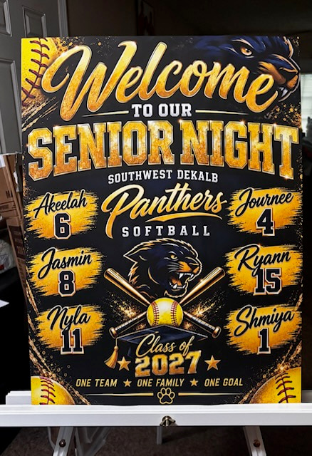 The printed Southwest DeKalb Panthers softball Senior Night banner on display on an easel