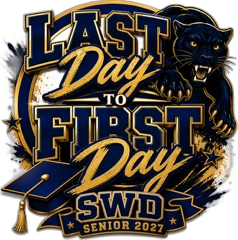 Last Day to First Day SJD senior 2027 emblem with panther behind a graduation cap