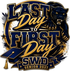 Last Day to First Day SJD senior 2027 emblem with panther behind a graduation cap