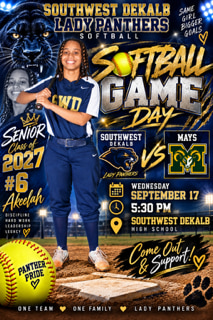 Lady Panthers softball game day flyer for the Southwest DeKalb vs Mays matchup