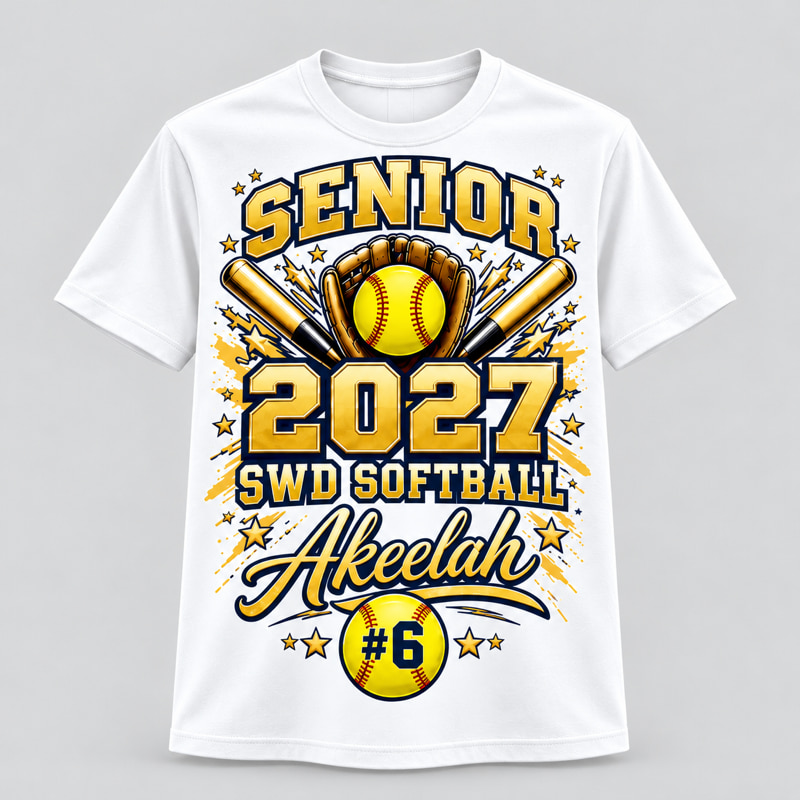 White t-shirt printed with a gold senior softball design — SENIOR, 2027, SWD Softball, the name Akeelah in script and a softball with the number 6