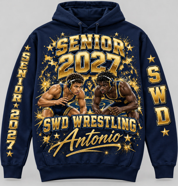 Navy hoodie printed with a gold and blue senior wrestling graphic — two wrestlers between gold stars, SENIOR 2027, SWD Wrestling and the student’s name, with the sleeves also printed