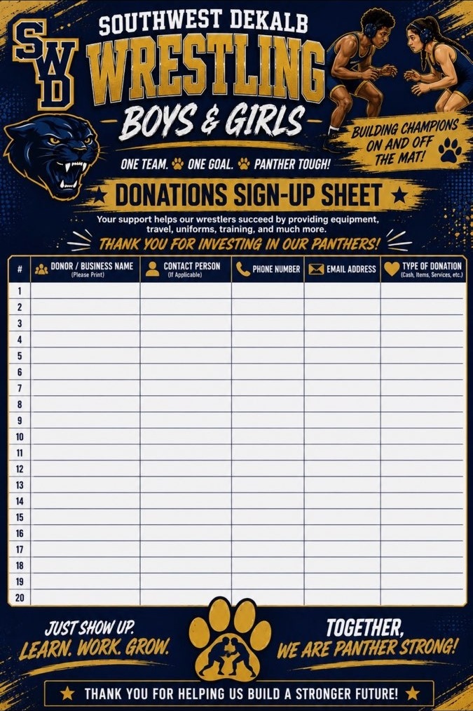 Wrestling donations sign-up sheet for donors and businesses