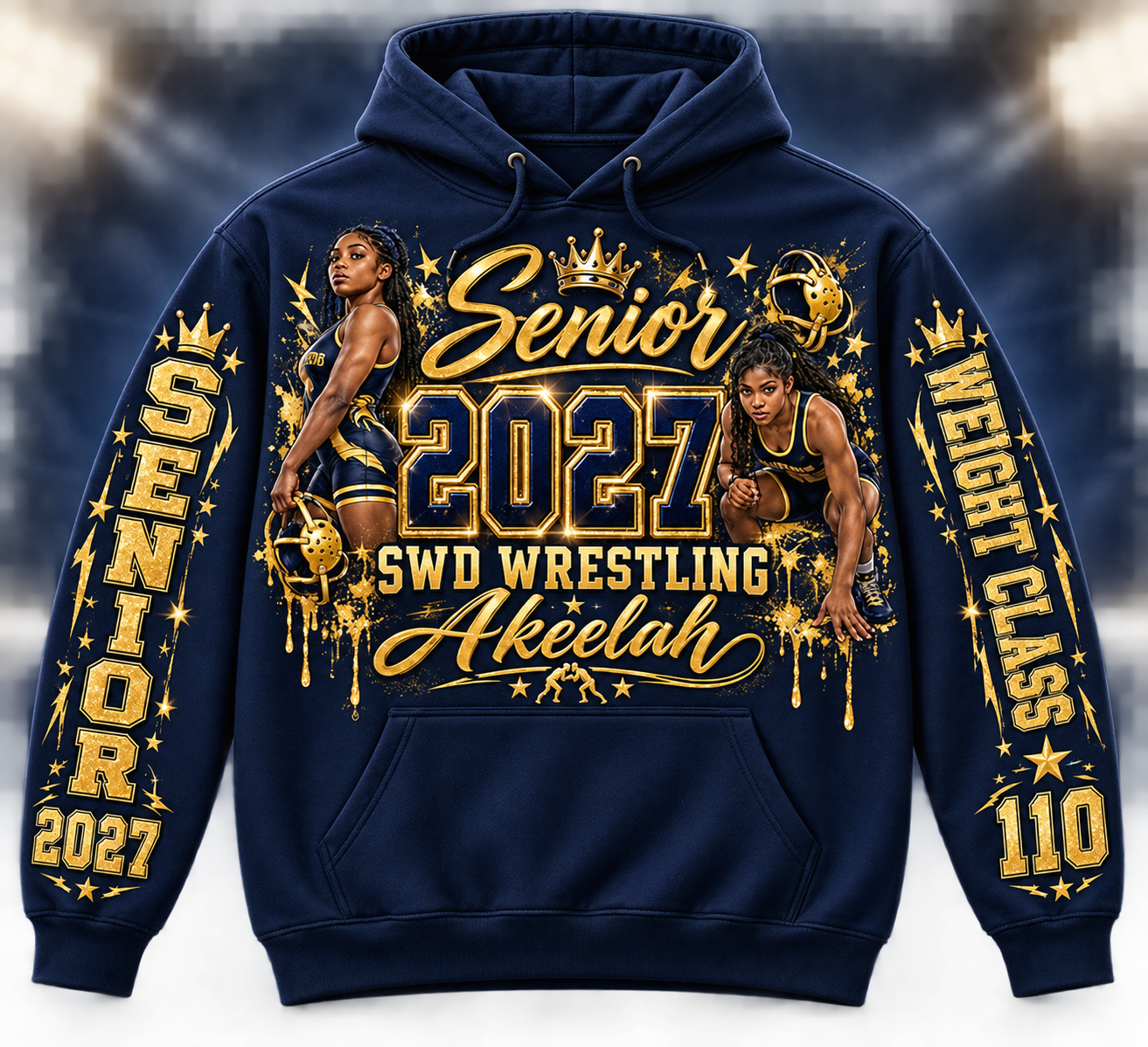 Navy senior wrestling hoodie reading Senior 2027, SWD Wrestling and Akeelah across the chest, with two wrestlers, a crown and stars, and Senior 2027 and Weight Class 110 on the sleeves