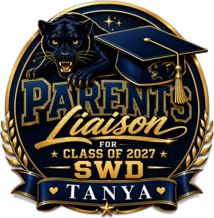Parents Liaison Class of 2027 circular badge in navy and gold
