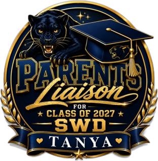 Parents Liaison Class of 2027 circular badge in navy and gold