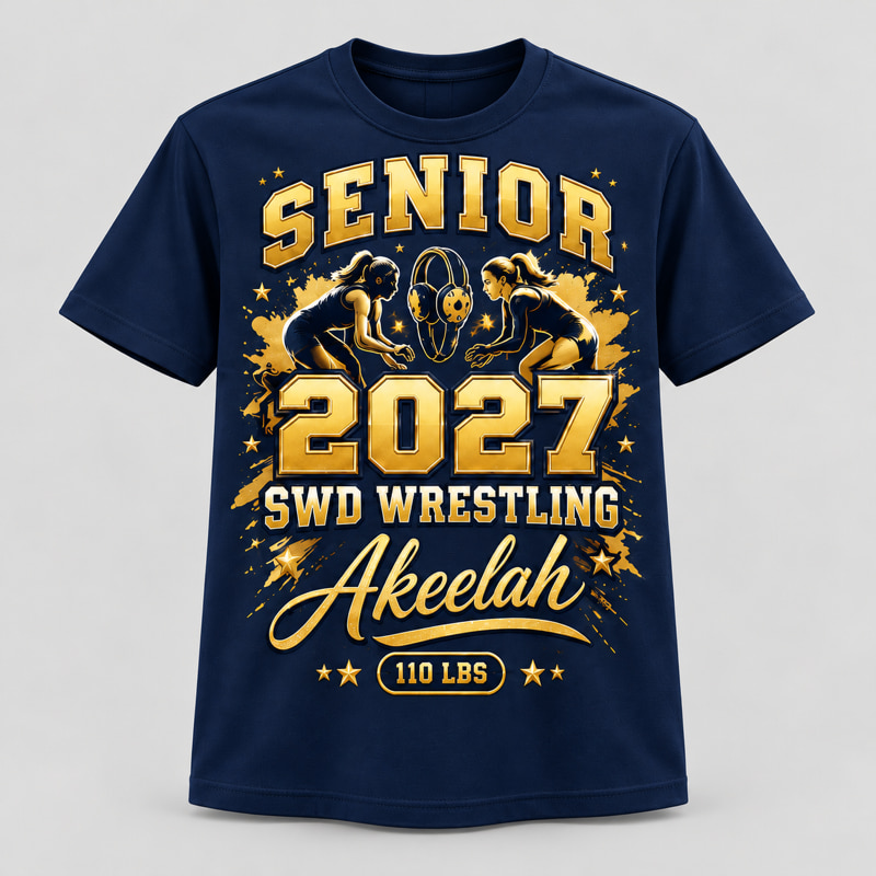 Navy t-shirt printed with a gold senior wrestling design — Senior 2027, two athlete silhouettes, a wrestling headgear, SWD Wrestling, the name Akeelah and 110 LBS