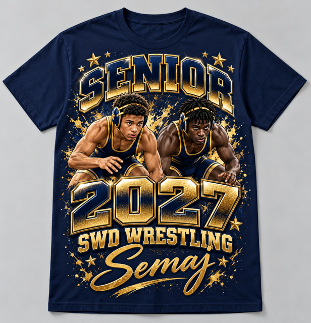 Navy t-shirt printed with a gold senior wrestling graphic — two athletes in starting positions, SENIOR 2027, SWD Wrestling and the student’s name in script