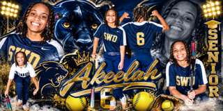 Senior tribute collage for Akeelah — her photos set against a panther, stadium lights and a gold number six