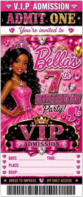 Tall portrait VIP pass design for Bella's 7th birthday