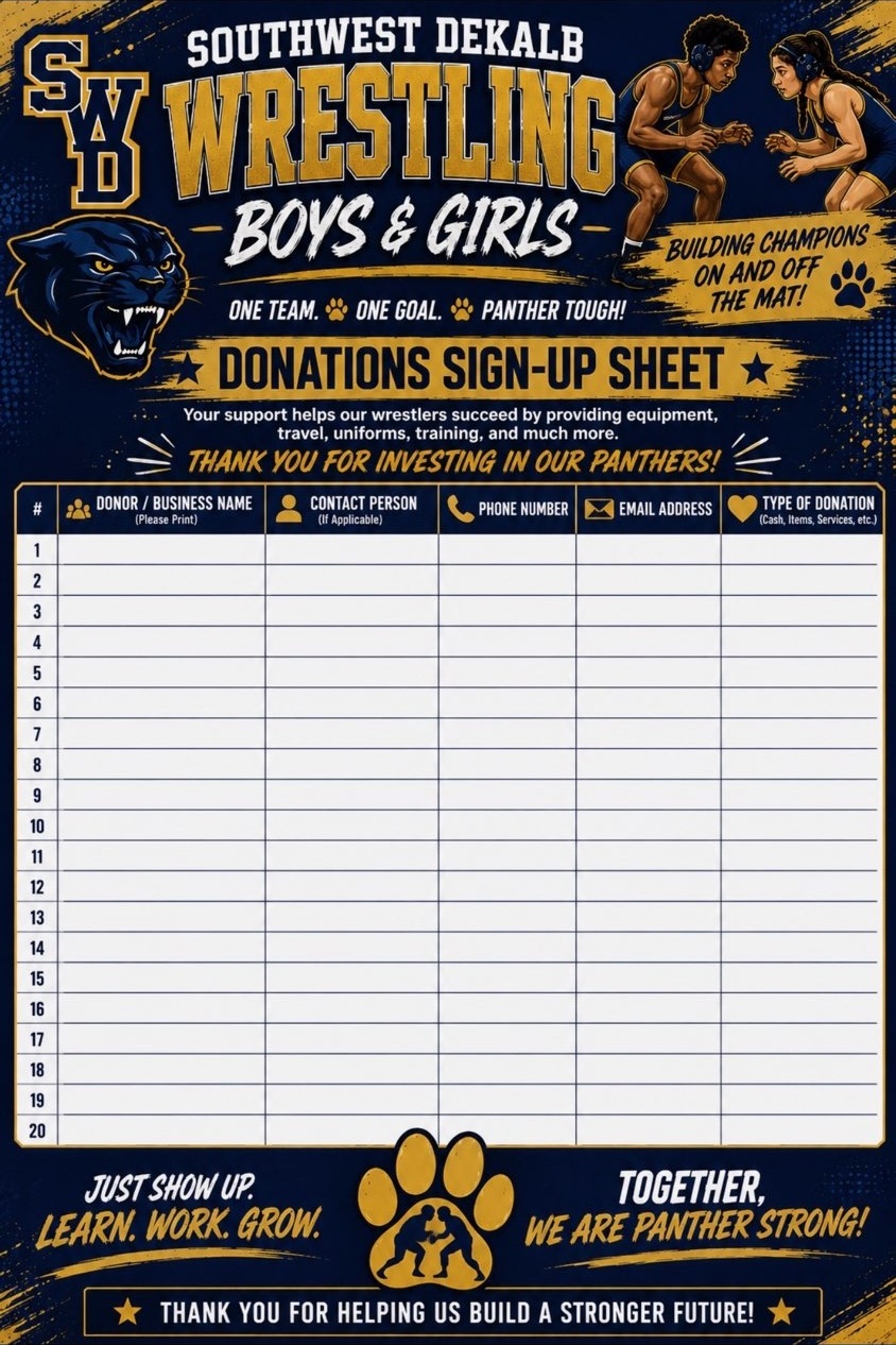 Navy and gold wrestling donation sign-up flyer