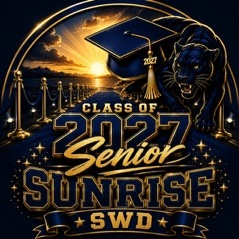 Senior sunrise badge with a sunset over water and graduation cap