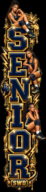 Tall vertical SENIOR wrestling banner in navy blue and gold, with three photos of the athlete set between the stacked letters, each in her wrestling uniform, and an SWD badge at the bottom