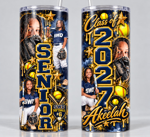 Two stainless steel tumblers printed with a senior softball design — one reading SWD Softball number 6, the other Class of 2027 with the student’s name