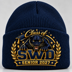 Navy cuffed knit cap embroidered with the panther and graduation cap patch, reading Class of above SWD and Senior 2027