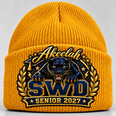 Mustard cuffed knit cap with the student’s name embroidered on the panther patch, above SWD and Senior 2027