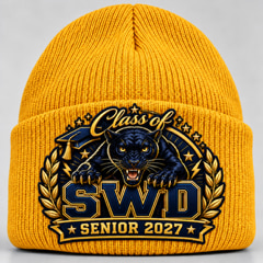 Gold cuffed knit cap embroidered with the panther patch, reading Class of above SWD and Senior 2027