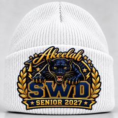 White cuffed knit cap with the student’s name arched over the panther patch, SWD and a Senior 2027 banner