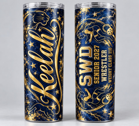 Two stainless steel tumblers printed with a navy and gold senior wrestling design — one carrying the student’s name above a panther, the other reading SWD, Senior 2027, Wrestler and the weight class