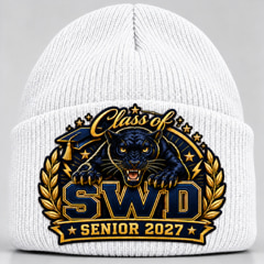 White cuffed knit cap embroidered with the panther patch, reading Class of above SWD and Senior 2027