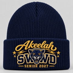 Navy cuffed knit cap with the student’s name embroidered above a blue and gold panther, with Senior 2027 between stars